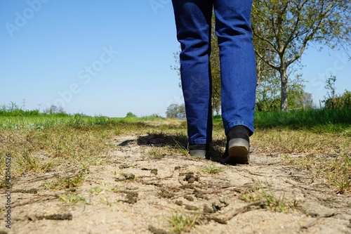 woman walks in pair of jeans and black shoes on a field path. female legs walking on country lane. dirt road at sunny day with blue sky, green meadow and trees in summer.