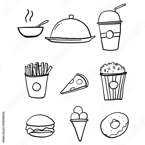 hand drawn Set of Foods, Drinks Related Vector Line Icons. Contains such Icons as Pizza, Fries, Egg, Meat, Sushi, Hamburger, Ice Cream, Donut, Soup, Sandwich, eggs doodle