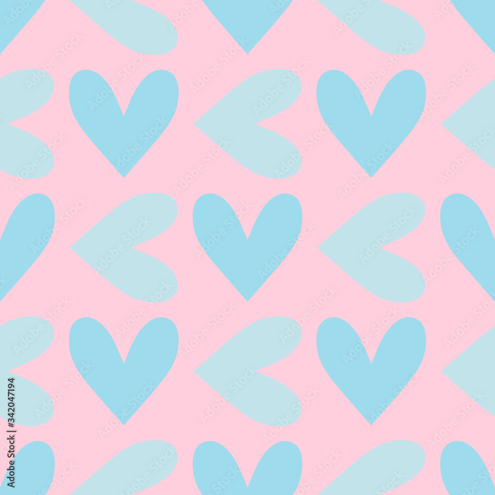 Seamless pattern, blue hearts on a light pink background. Stylish design. Vector illustration.