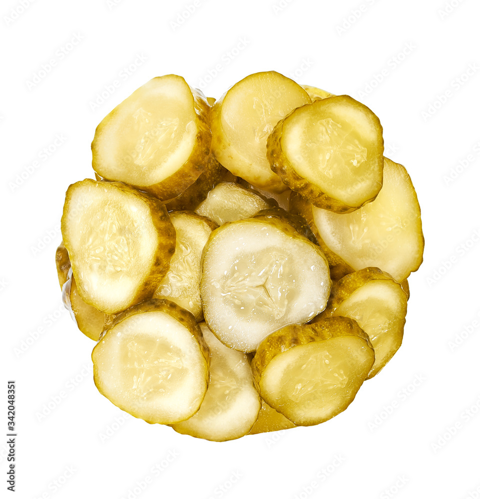 bunch of pickled cucumbers isolated on white background . Top view.