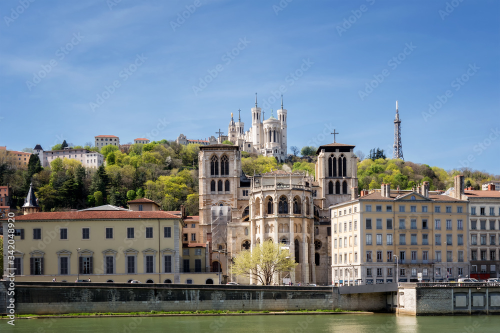 Classical view of Lyon, France. Basilica of Notre Dame de Fourviere in the historical center