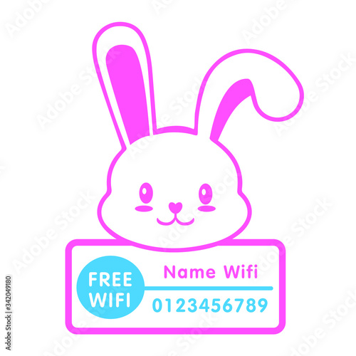 Bunny with free wifi signal, illustration, vector on white background. Free Wifi Wireless Network. user and password on frame with pink bunny.