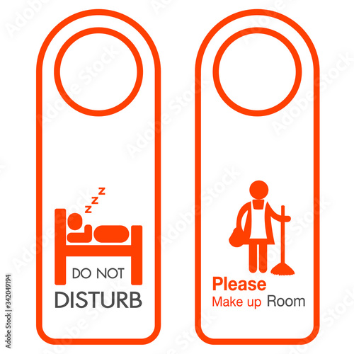 vector do not disturb and please make up room hotel hanger signs, Two Side Black and Orange Door Hanger Tags for Room in Hotel or Resort - EPS10 Vector.