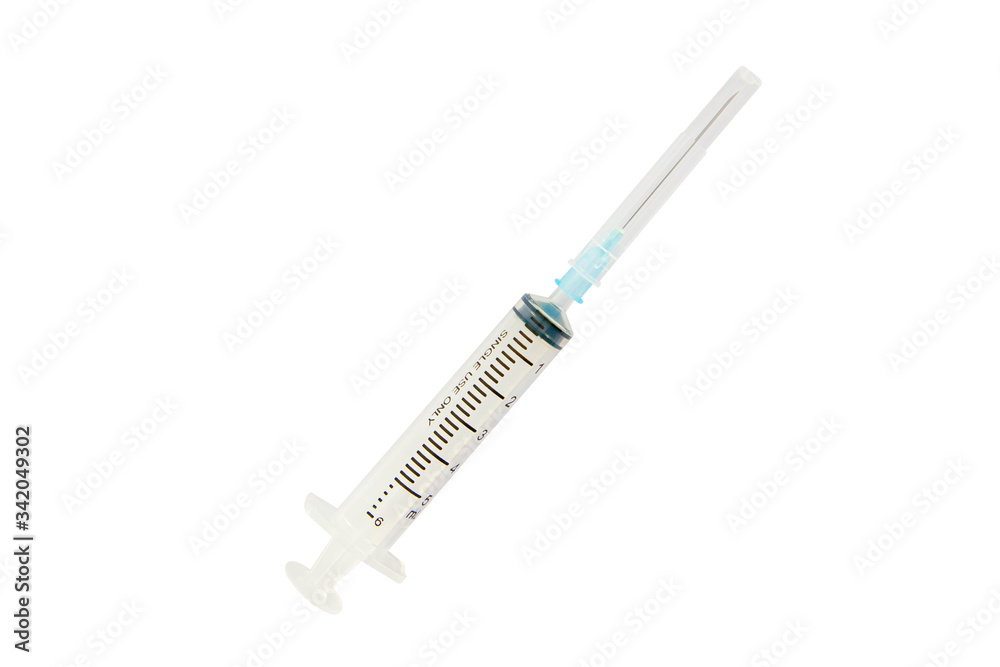 Syringe with needle cap isolated on white background. Medical equipment for vaccination and injection. Syringe with needle cap isolated on white background. Medical equipment for vaccination and injection.