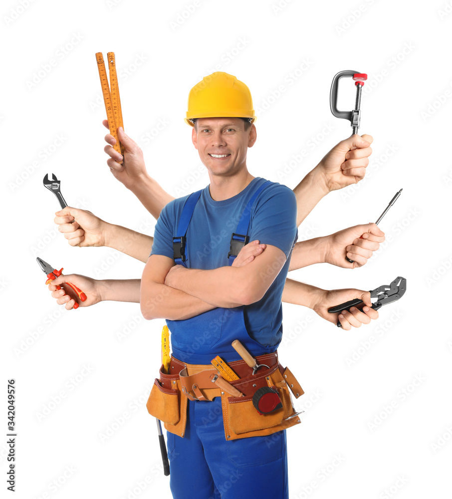 Multitasking concept. Handyman with different tools on white background Multitasking concept. Handyman with different tools on white background
