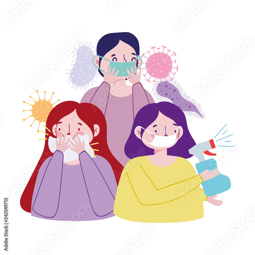 Women man with masks cold and spray bottle vector design