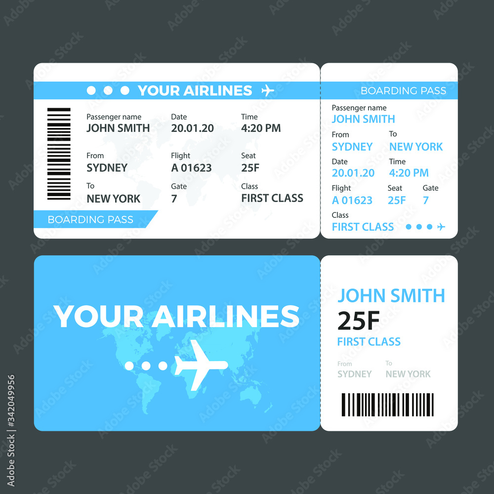 Naklejka premium Modern airline ticket design with flight time and passenger name. vector illustration