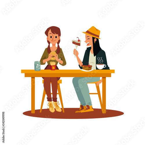 Two friend girls eating junk and sweet food, flat vector illustration isolated.