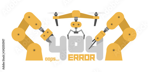 404 Error Page. Page Not Found Error 404. Robot arm. Robotic industry concept. Flat Style. isolated on white background