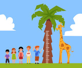 Cartoon giraffe for kids height measure - little children standing in line