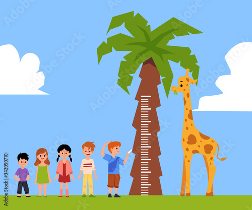 Cartoon giraffe for kids height measure - little children standing in line