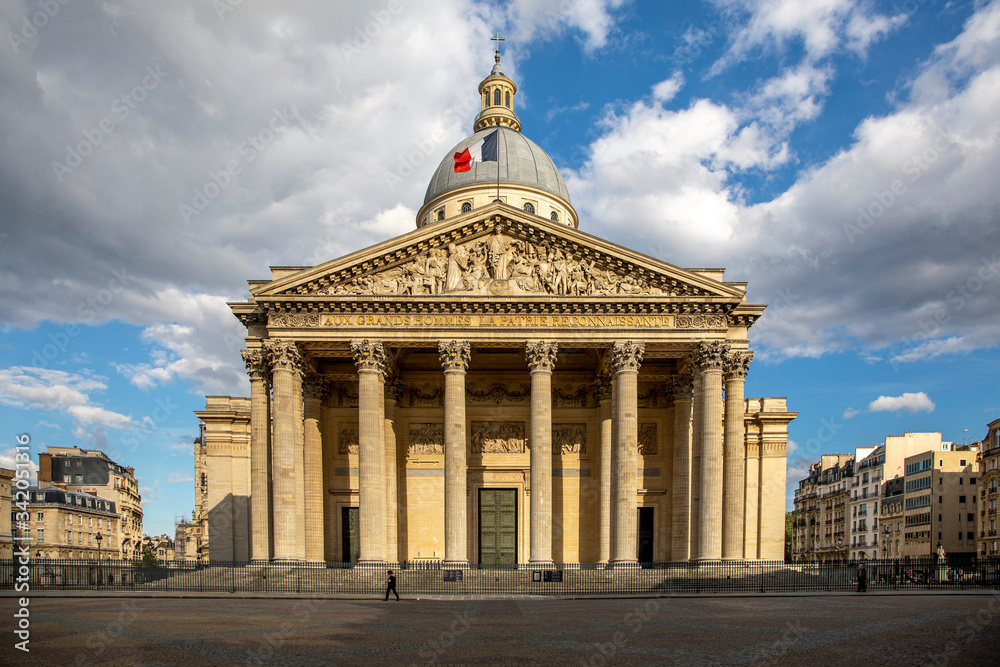 Paris, France - April 17, 2020: 32th day of lockdown because of Covid-19 in front of Pantheon in Paris. Streets are empty