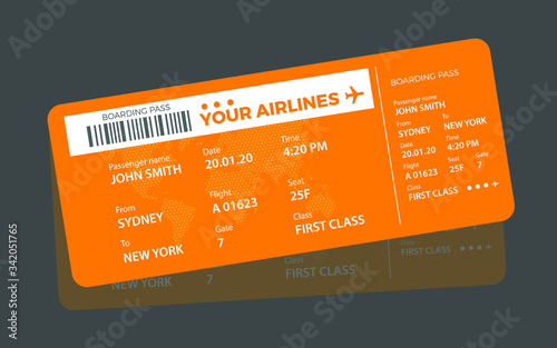 Modern airline ticket design with flight time and passenger name. vector illustration