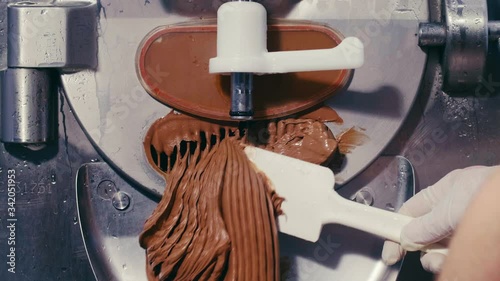 Closeup of Industrial Making Of Classic Italian Dark Chocolate Ice Cream 
