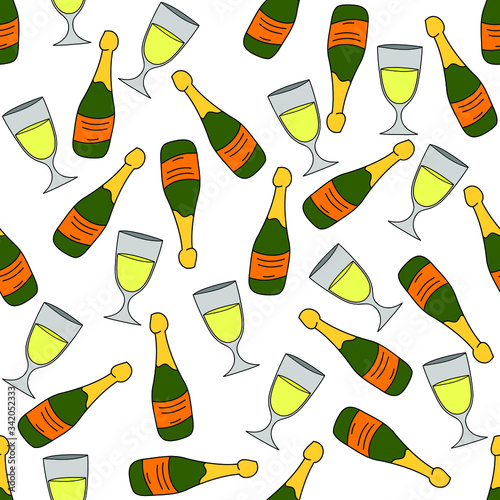 Champaigne bottles and glasses: festive seamless pattern, wallpaper print design, wrapping texture. Vector graphics.