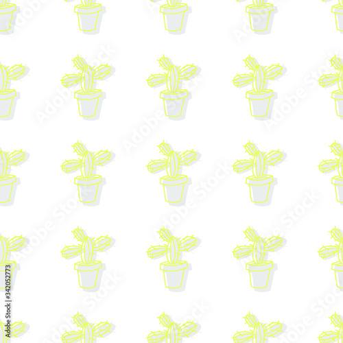 Pale cactus silhouettes on white background: light seamless pattern, wallpaper print design, wrapping texture. Vector graphics.