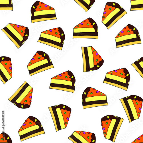 Pieces of cake on white background: sweet seamless pattern, tasty wallpaper print design, wrapping texture. Vector graphics.