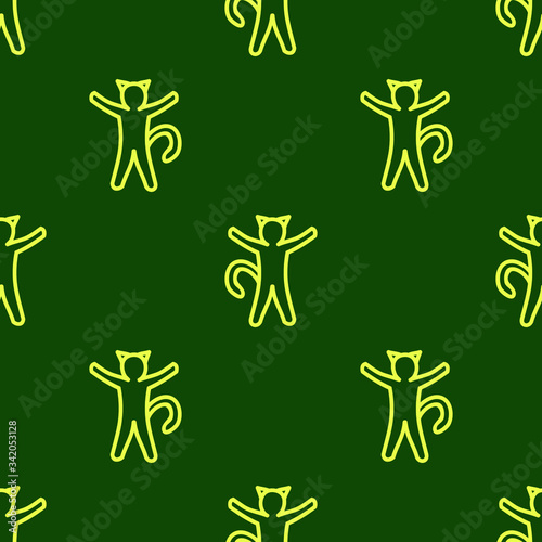 Yellow contours of cats on green background: cute seamless pattern, wallpaper print design, wrapping texture. Vector graphics.