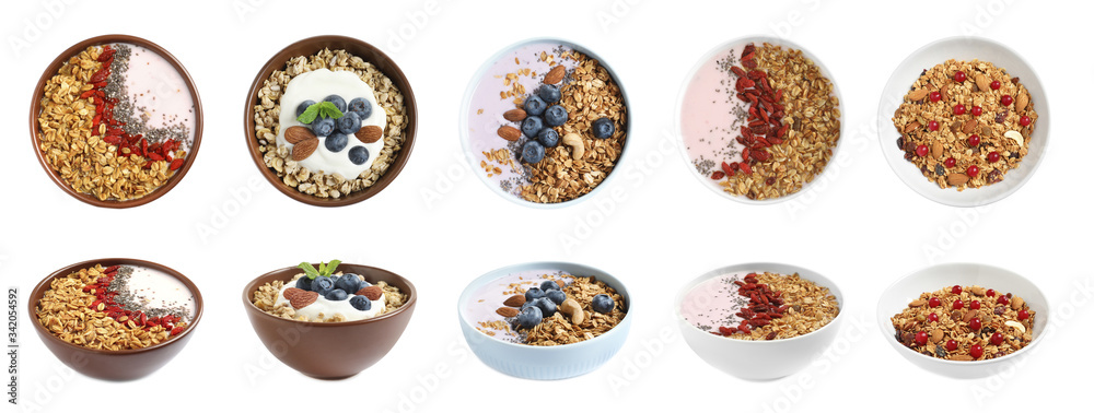 Set of different granola breakfasts with berries on white background. Banner design Set of different granola breakfasts with berries on white background. Banner design