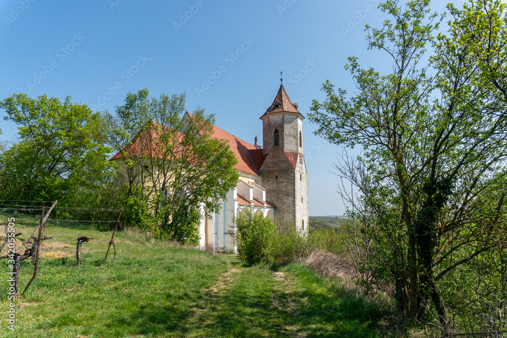 Falkenstein Church and village in Weinviertel, Lower Austria during summer.