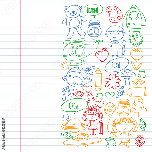 Online education for toddlers. Lessons for children in internet. Vector pattern for kindergarten banners, posters with moon, planet, spaceship, rocket, sun, fruits, house, flowers.