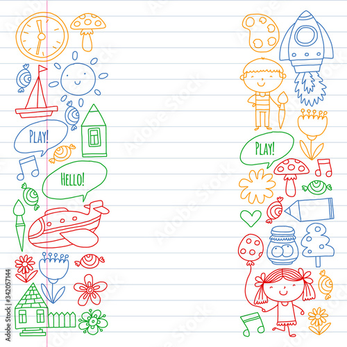 Online education for toddlers. Lessons for children in internet. Vector pattern for kindergarten banners, posters with moon, planet, spaceship, rocket, sun, fruits, house, flowers.