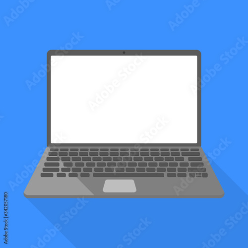 Laptop computer white screen with shadow on blue background.