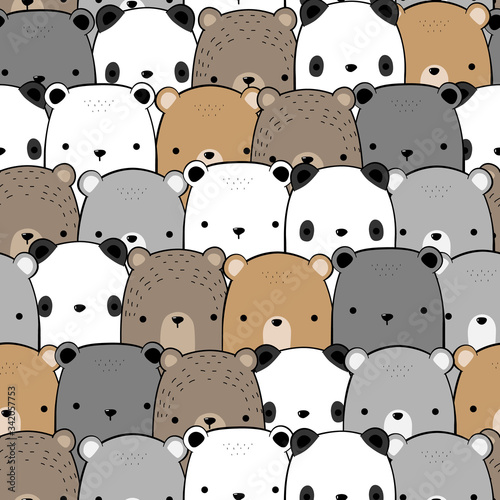 Cute Funny Teddy Panda Polar Bear Face Cartoon Doodle Seamless Pattern