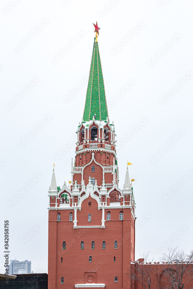 Trinity tower is the Central travel tower of the North-Western wall of the Moscow Kremlin, facing the Alexander garden. Moscow, Russia Trinity tower is the Central travel tower of the North-Western wall of the Moscow Kremlin, facing the Alexander garden. Moscow, Russia