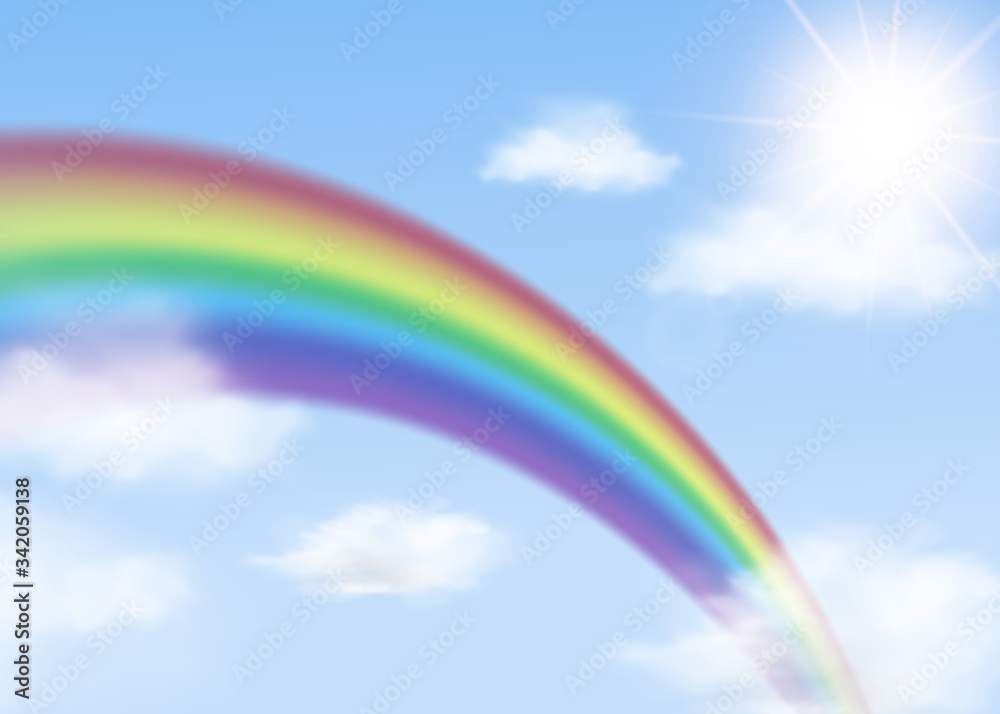 Rainbow arch on blue sky with clouds background realistic vector illustration. Rainbow arch on blue sky with clouds background realistic vector illustration.