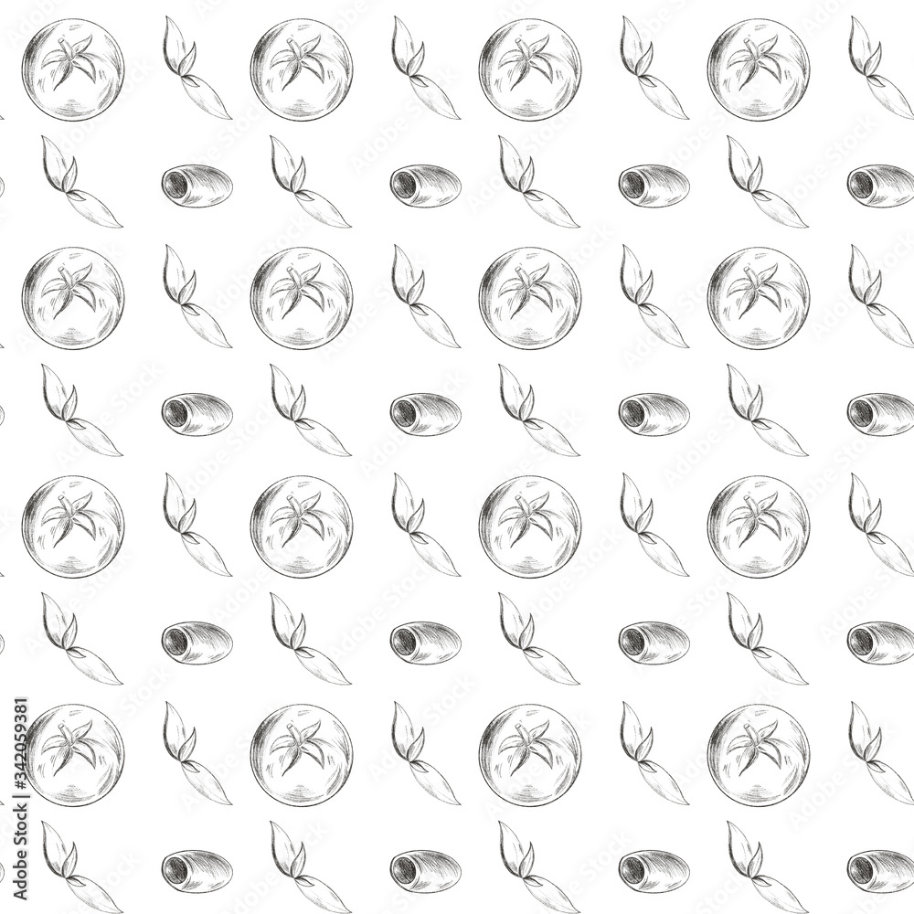 Tomato seamless doodle sketch pattren on a white background. Print for banners, wrapping paper, posters, cards, invitations, fabrics, cafes, menus, restaurants, web design.