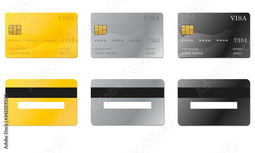 Realistic detailed credit cards set with colorful abstract design. Golden credit card. Silver credit card. Vector illustration.