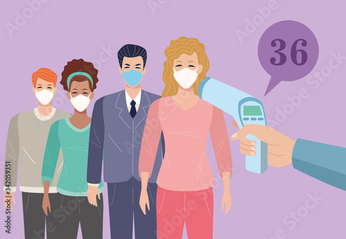 people using face masks in temperature check point for covid19