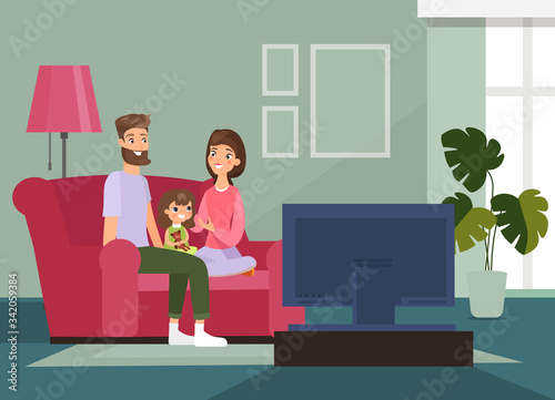 Vector illustration family with kid sitting on the couch, watching TV together, family time at home. Staying home and healthcare during quarantine. Happy parents with daughter in cartoon flat style