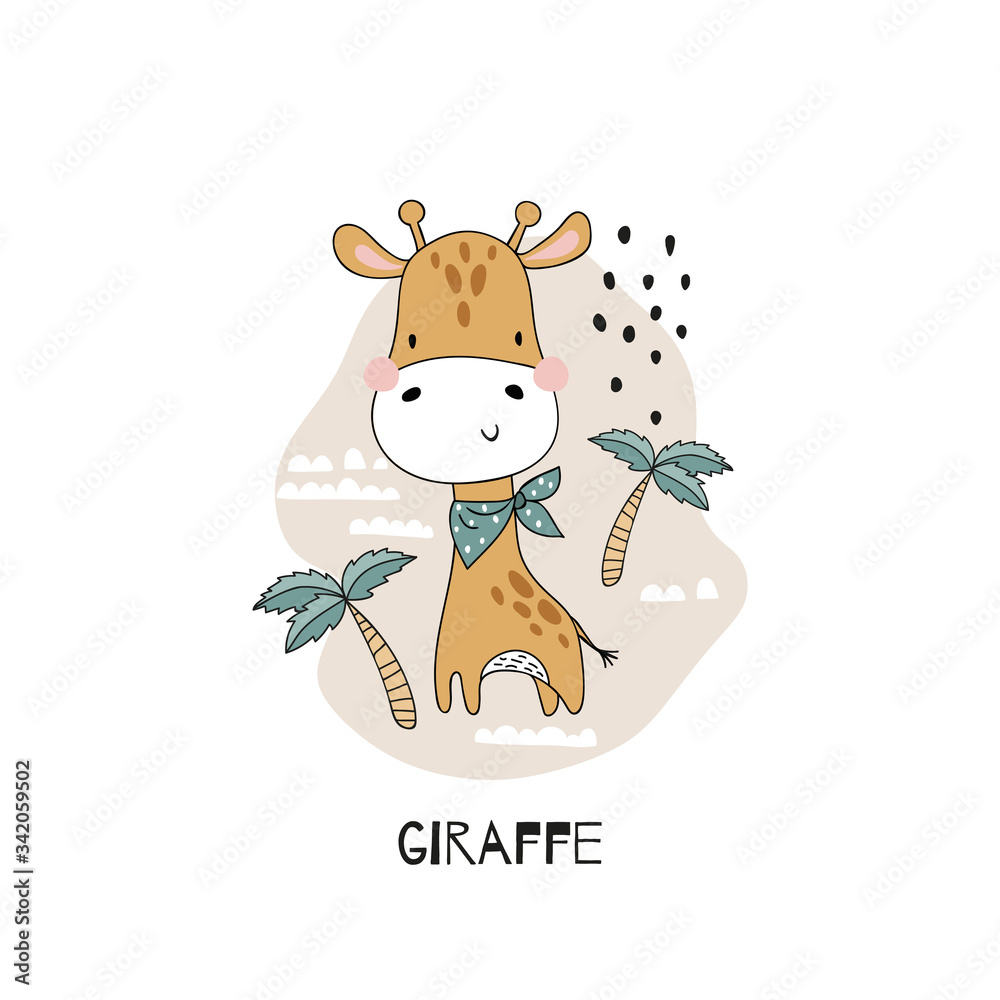 Hand drawn cute cartoon baby giraffe card. Jungle animals and background. Hand drawn cute cartoon baby giraffe card. Jungle animals and background.