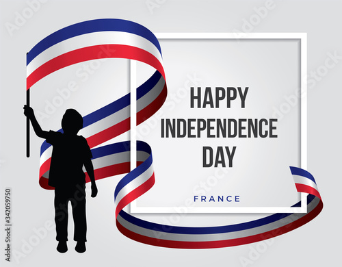 The illustration of an French child who is waving the France flag on the white background - Happy independience day