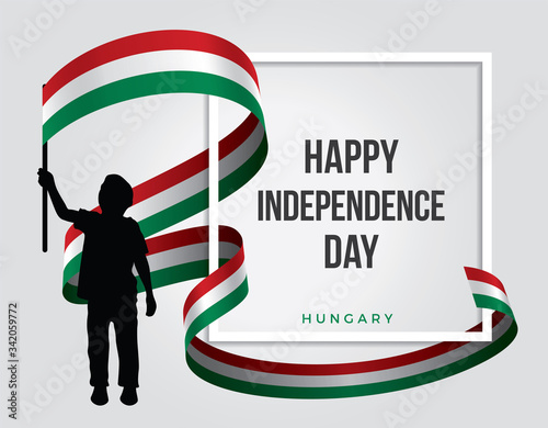 The illustration of an Hungarian child who is waving the Hungary flag on the white background - Happy independience day
