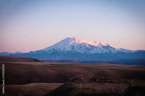 Mount Elbrus  the highest mountain in Russia. North Caucasus. Sunset overlooking Elbrus  beautiful nature  mountains.
