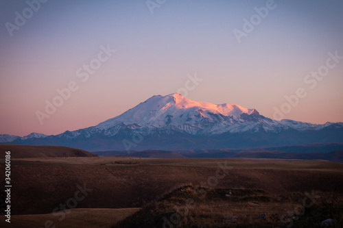 Mount Elbrus, the highest mountain in Russia. North Caucasus. Sunset overlooking Elbrus, beautiful nature, mountains.