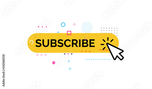 Button of subscribe, funny and colorful style icon. Media Channel Subscription, click on yellow button with geometric design element. Vector illustration.