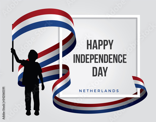 The illustration of an Dutch child who is waving the Netherlands flag on the white background - Happy independience day