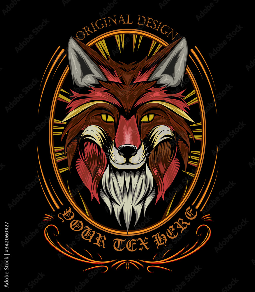 Fototapeta premium fox head logo with ornament background. APPAREL T-shirt design, print decoration.