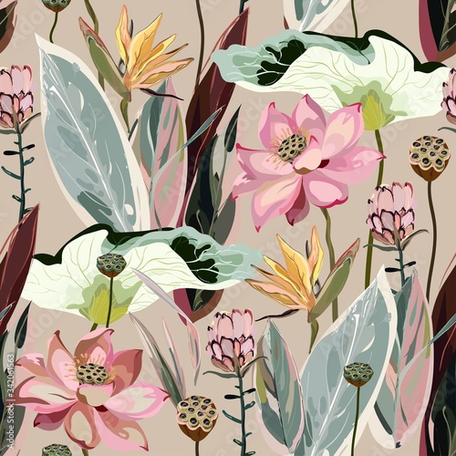 Large flowers, inflorescences, buds and lotus leaves, Strelitzia and Proteus on a light beige, cream background. Vector seamless floral illustration. 