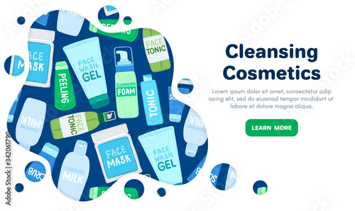 Organic or natural cosmetics. Many jars and bottles with cosmetic names. Facial skin care. Online store. Landing page template. Background is for banner, header, advertising, mailing list. Vector