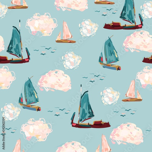 Picturesque boats in the sea on a background of turquoise sky and clouds. Hand-drawn square vector illustration. Light blue seamless pattern based on Claude Monet oil painting