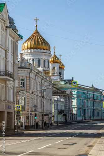 Covid-19, quarantine in Moscow, coronavirus in Russia. Empty streets without people. Self-quarantine and social distancing in a deserted city due to Covid virus pandemic. Volkhonka street, April, 2020 photo