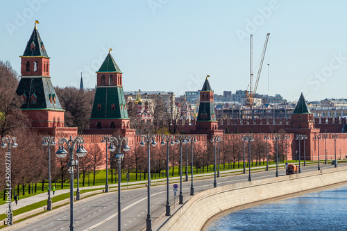 Covid-19, quarantine in Moscow, coronavirus in Russia. Kremlin. Empty streets without people. Self-quarantine and social distancing in a deserted city due to Covid-19 virus pandemic. April, 2020