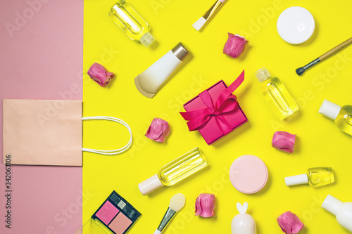 Concept of online shopping cosmetics flat lay