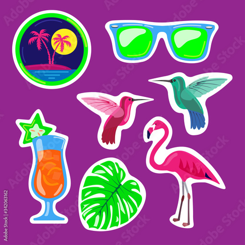 A set of stickers on the theme of the tropics: hummingbird, cocktail, monstera, flamingo, night beach with palm trees, glasses. Illustration.