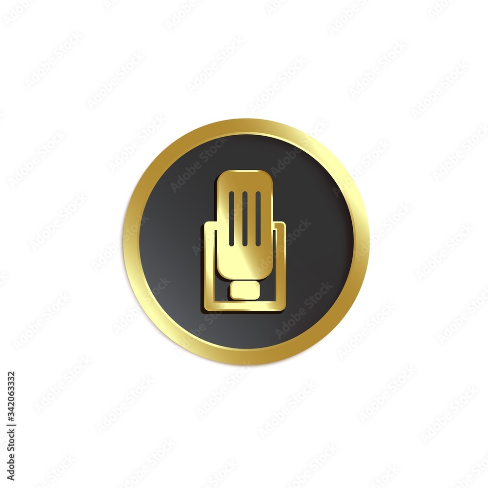 Retro microphone golden emblem in frame, realistic vector illustration isolated. Retro microphone golden emblem in frame, realistic vector illustration isolated.